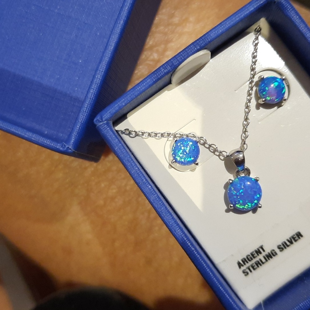 AUTHENTIC SOLID STERLING SILVER OPAL OCTOBER BIRTHSTONE EARRINGS & NECKLACE SET